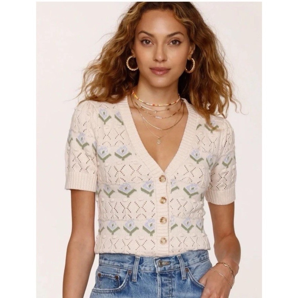 Heartloom Deline Floral Crochet Pointelle Short Sleeve Cardigan Sweater Small